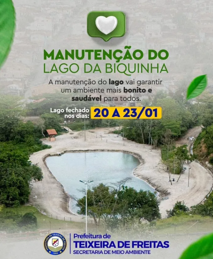 Lago do Parque Municipal da Biquinha em Teixeira de Freitas passará por manutenção