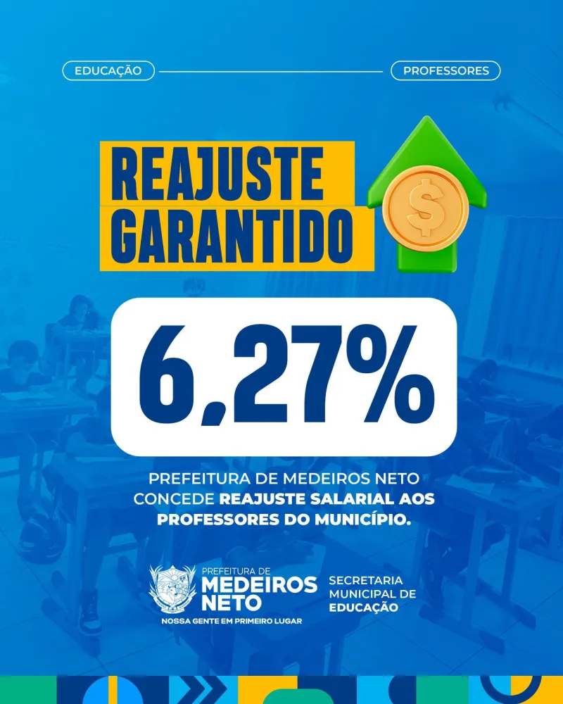 Prefeitura de Medeiros Neto anuncia reajuste salarial de 6,27% para professores