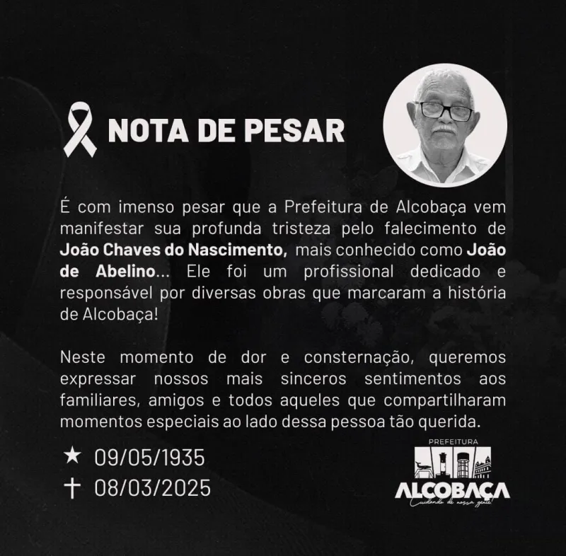 Prefeitura de Alcobaça emite nota de pesar pelo falecimento de 