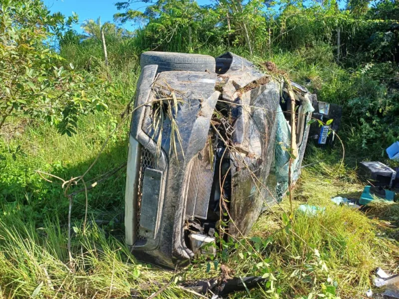 Motorista tenta desviar de cachorro capota carro e deixa quatro feridos na BR 418 em Caravelas