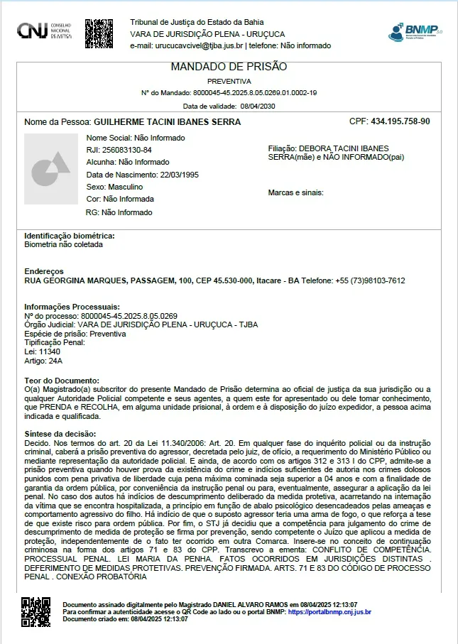 Ex-candidato a prefeito de Itacaré (UB) tem prisão decretada após descumprimento de medida protetiva da própria mãe