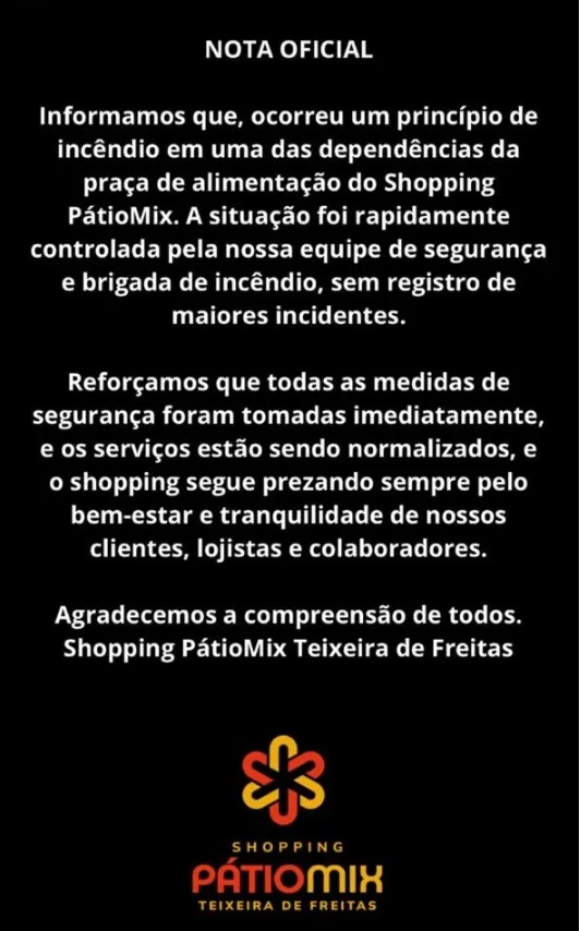 Princípio de incêndio é registrado em praça de alimentação do Shopping PátioMix, em Teixeira de Freitas