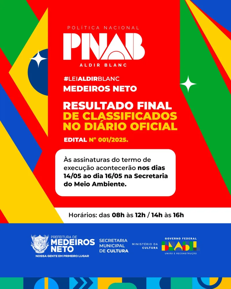 Prefeitura de Medeiros Neto publica resultados da Política Nacional de Apoio à Cultura 2025
