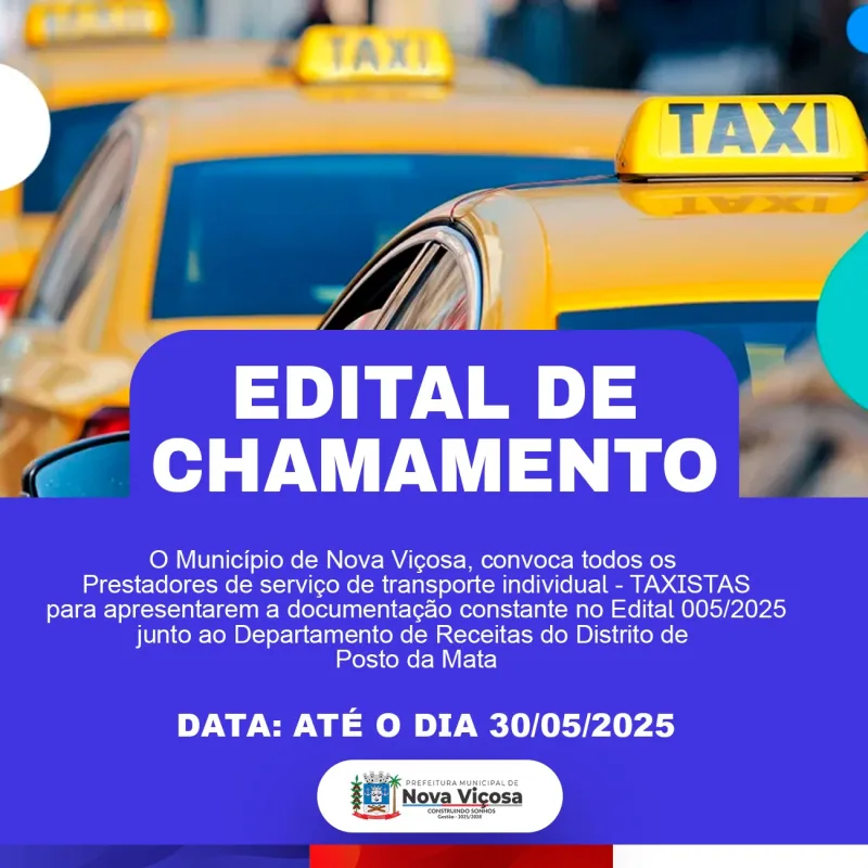 Prefeitura de Nova Viçosa convoca taxistas para recadastramento e regularização fiscal até 31 de maio