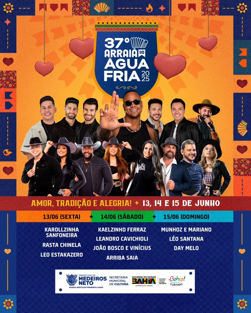Medeiros Neto se prepara para o 37º Arraiá do Água Fria: três dias de festa com atrações nacionai. Confira a programação