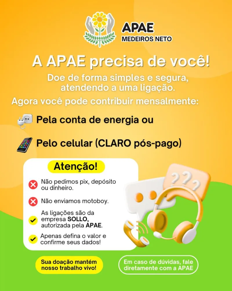 APAE de Medeiros Neto informa sobre campanha de doação via conta de energia ou de celular: saiba como ajudar de forma segura