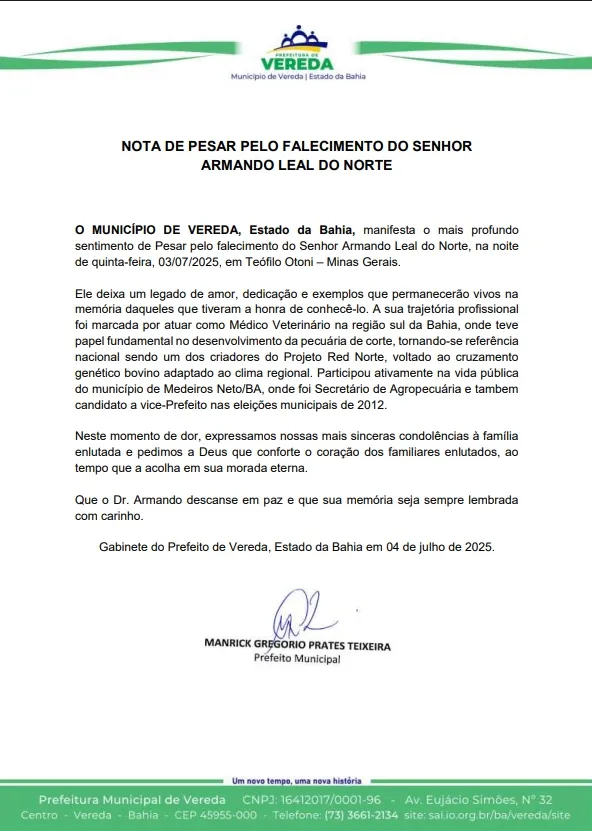 Prefeitura de Vereda emite nota de pesar pela morte de Dr. Armando Leal do Norte