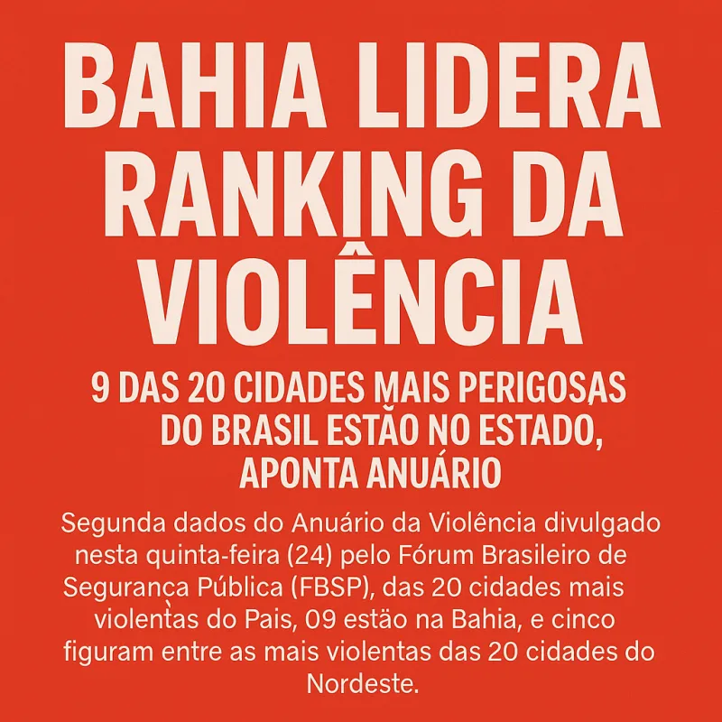  Ranking da violência: 9 das 20 cidades mais perigosas do Brasil estão no estado, aponta Anuário