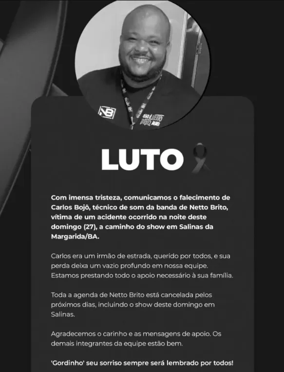 Tragédia na BA-046: Acidente com ônibus da banda de Netto Brito deixa três mortos no Recôncavo Baiano