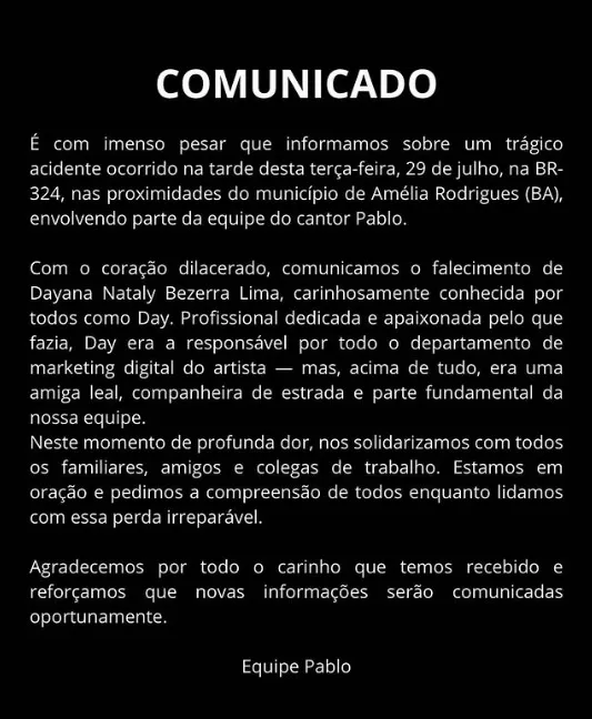 Diretora de marketing do cantor Pablo morre após capotamento na BR-324
