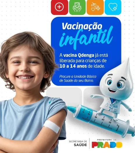 Prefeitura de Prado inicia vacinação contra a dengue para crianças e adolescentes de 10 a 14 anos