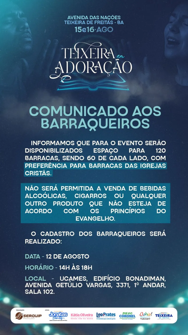Espaço para barracas no 'Teixeira em Adoração' será exclusivo para barracas cristãs; venda de álcool é proibida