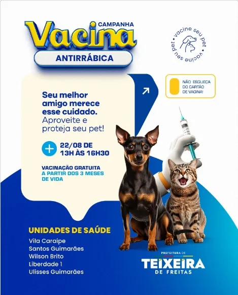 Proteja seu pet: vacinação antirrábica será neste sábado em Teixeira de Freitas