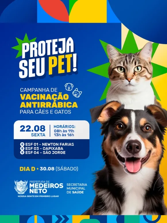 Medeiros Neto realiza campanha de vacinação antirrábica para cães e gatos