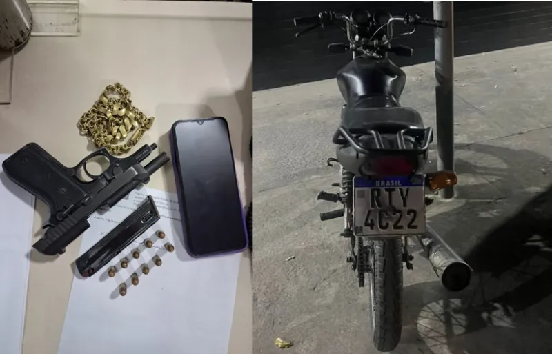 Casal é preso com arma e motocicleta com placa aduterada no bairro Castelinho,  em Teixeira de Freitas