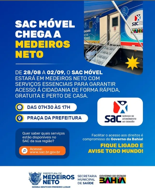 SAC Móvel chega a Medeiros Neto com atendimentos de 28 de agosto a 2 de setembro