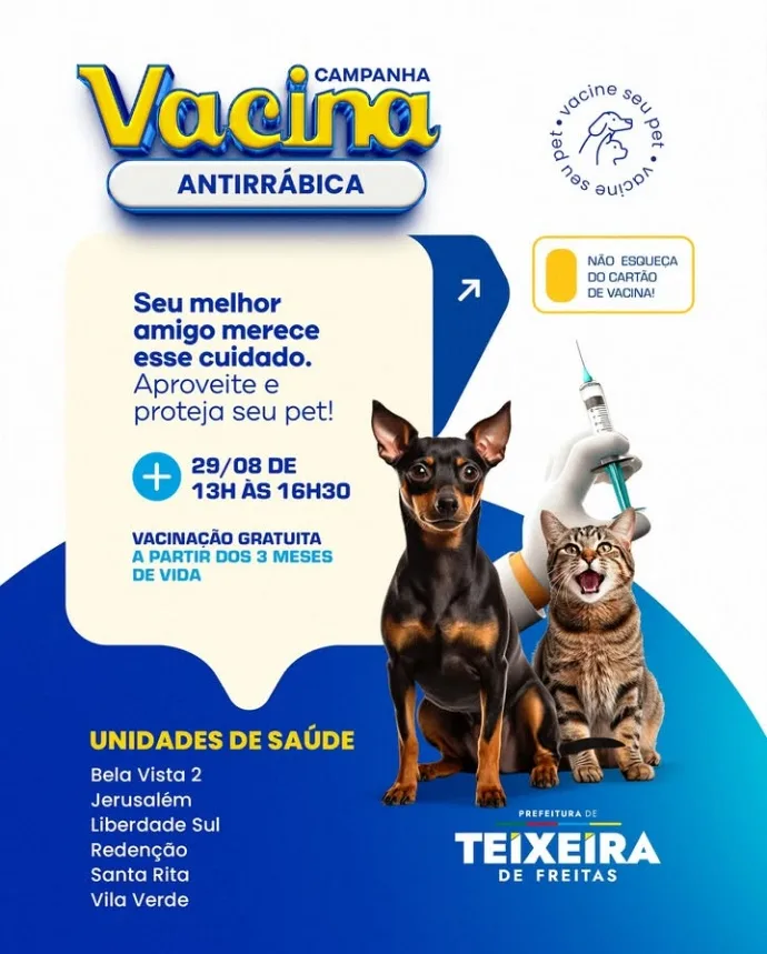 Campanha de vacinação antirrábica acontece em Teixeira de Freitas nesta sexta-feira (29); saiba onde