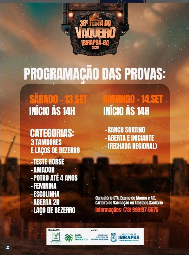 Festa do Vaqueiro de Ibirapuã divulga programação completa de provas para o fim de semana do evento