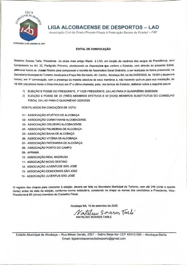 Edital da Liga Alcobacense de Despotos - LAD