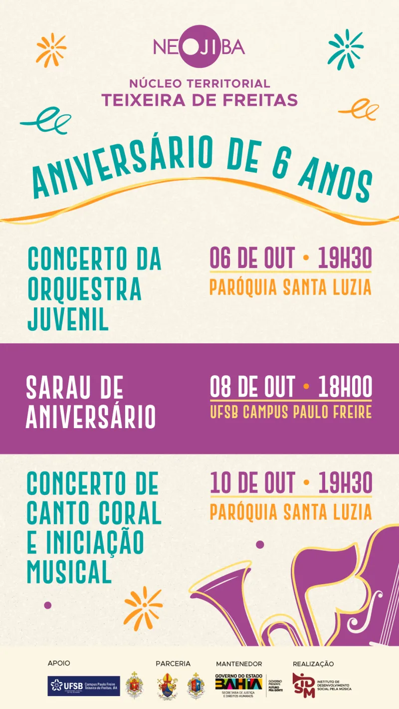 NEOJIBA Teixeira de Freitas divulga programação de aniversário de 6 anos