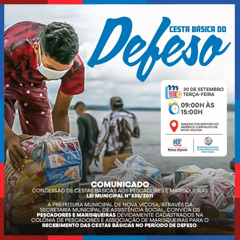  Nova Viçosa garante suporte no defeso e convoca pescadores e marisqueiras para recebimento de cestas básicas
