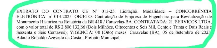 Licitação milionária da Prefeitura de Caravelas chama atenção por alto valor para revitalização de monumento