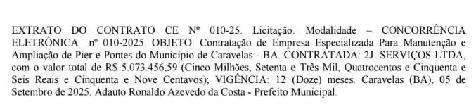 Farra das licitações milionárias continua em Caravelas: novo contrato ultrapassa R$ 5 milhões