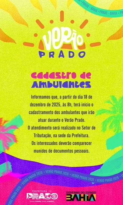 Prefeitura de Prado inicia cadastro de ambulantes para o Verão Prado 2025/2026 Prefeitura de Prado inicia cadastro de ambulantes para o Verão Prado 2025/2026