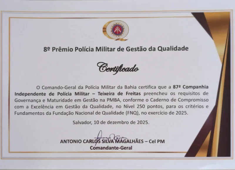 PMBA certifica 87ª CIPM no 8º Prêmio Polícia Militar de Gestão da Qualidade PMBA certifica 87ª CIPM no 8º Prêmio Polícia Militar de Gestão da Qualidade