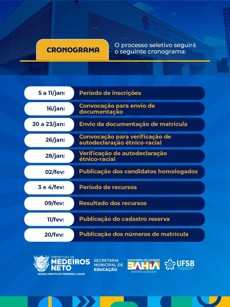 Prefeitura divulga vagas para inscrições no processo seletivo 2026.1 do Colégio Universitário da UFSB polo Medeiros Neto