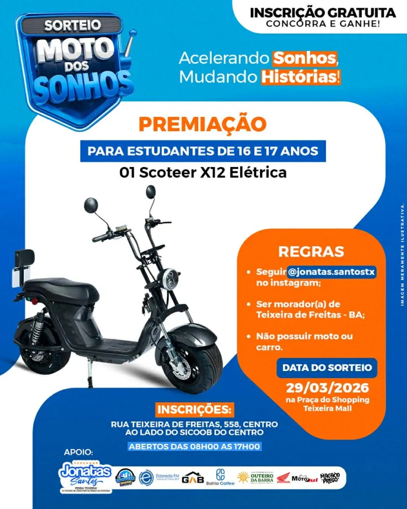 Projeto do vereador Jonatas Santos vai sortear motos e scooter elétrica em Teixeira de Freitas