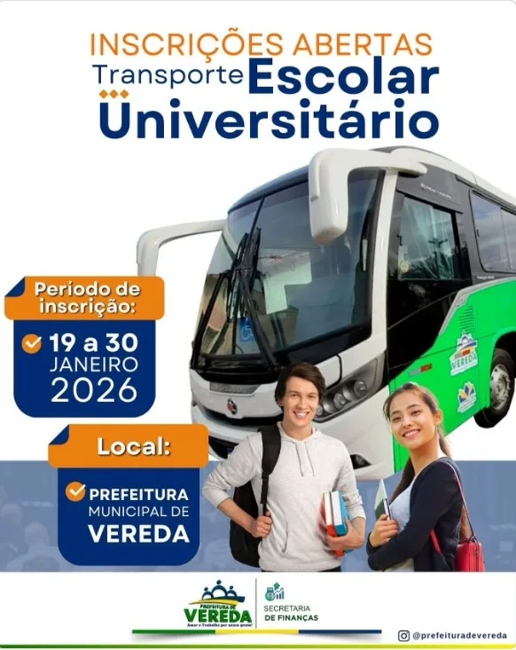 Prefeitura de Vereda abre inscrições para Transporte Escolar Universitário
