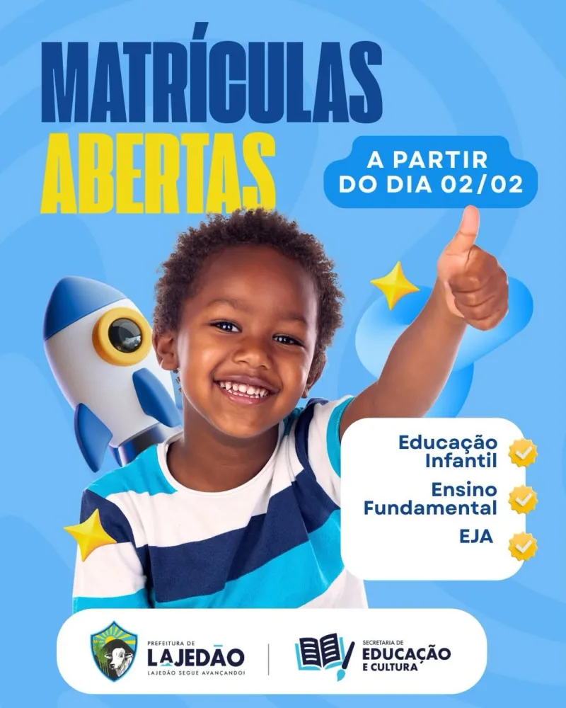 Matrículas da rede municipal de Lajedão começam dia 02 de fevereiro Matrículas da rede municipal de Lajedão começam dia 02 de fevereiro