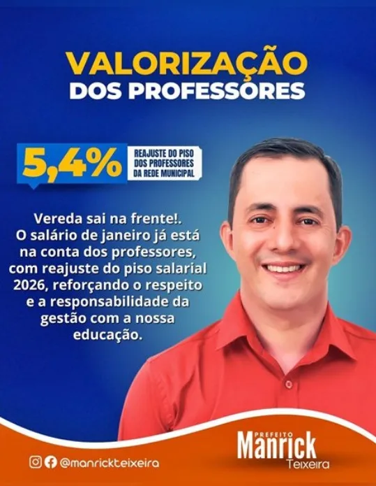 Prefeitura de Vereda garante reajuste de 5,4% e valoriza professores da rede municipal Prefeitura de Vereda garante reajuste de 5,4% e valoriza professores da rede municipal