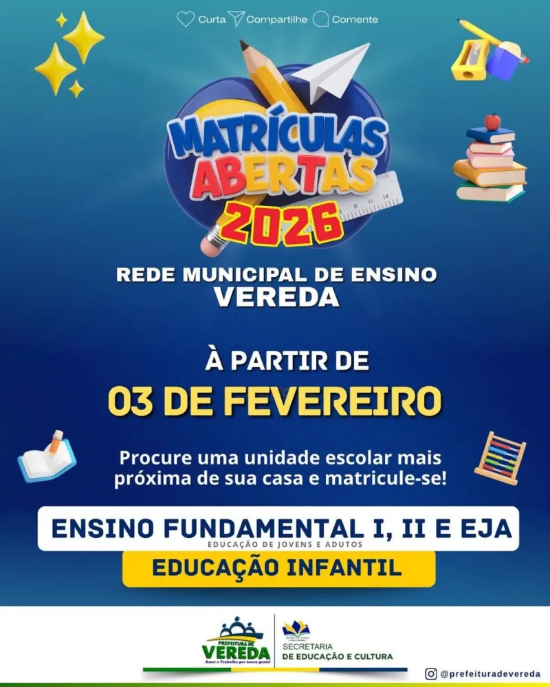 Vereda inicia matrículas e rematrículas para 2026 na Rede Municipal de Ensino Vereda inicia matrículas e rematrículas para 2026 na Rede Municipal de Ensino