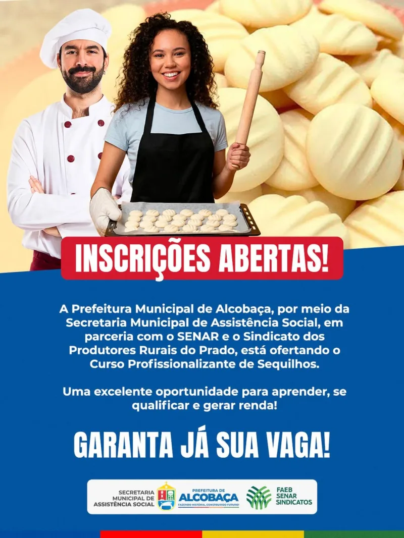 Prefeitura de Alcobaça abre inscrições para Curso Profissionalizante de Sequilhos