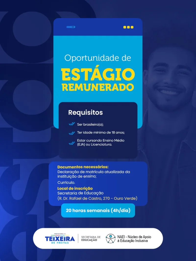 Prefeitura de Teixeira de Freitas abre vagas para estágio em Inclusão Escolar Prefeitura de Teixeira de Freitas abre vagas para estágio em Inclusão Escolar