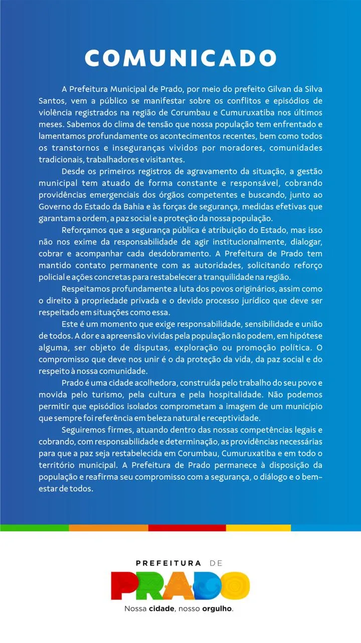 Prefeitura de Prado divulga comunicado sobre conflitos em Corumbau e Cumuruxatiba