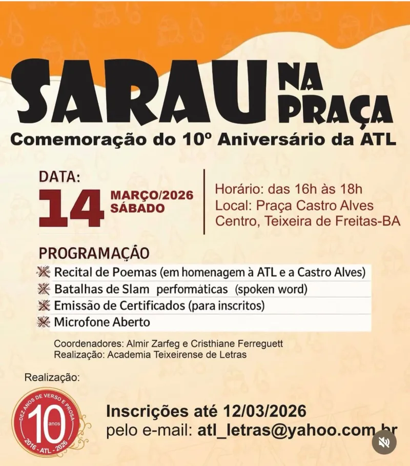 Sarau na Praça celebra 10 anos da Academia Teixeirense de Letras