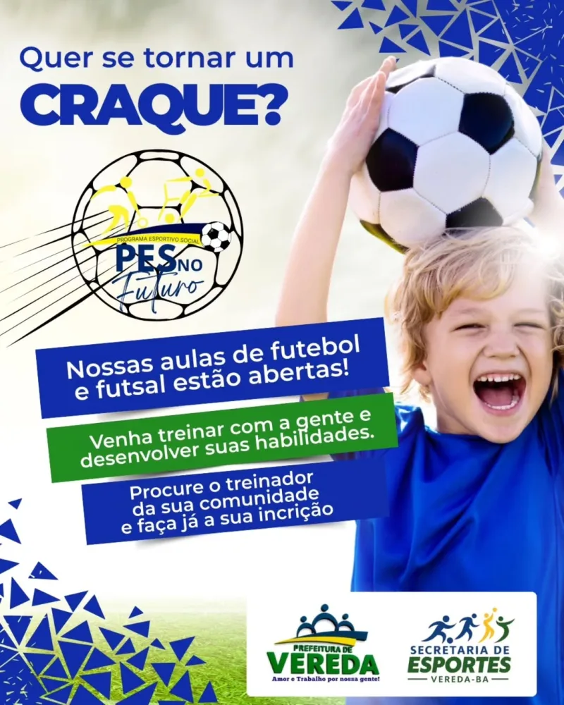 Inscrições abertas! Projeto “Pés no Futuro” oferece aulas de futebol e futsal para jovens em Vereda