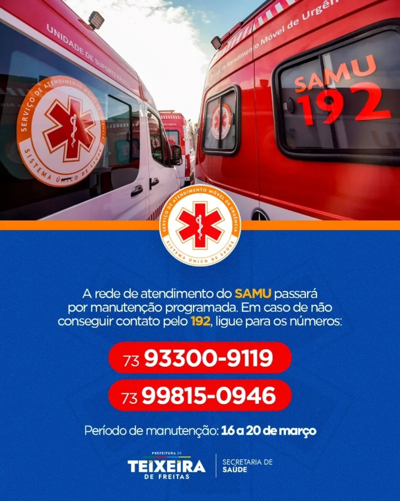 SAMU de Teixeira de Freitas passará por manutenção e divulga telefones alternativos para atendimento SAMU de Teixeira de Freitas passará por manutenção e divulga telefones alternativos para atendimento