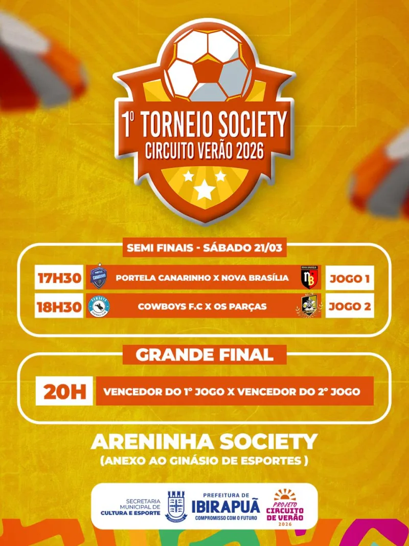 Ibirapuã realiza semifinais e final do 1º Torneio Society Circuito Verão 2026 neste sábado (21)