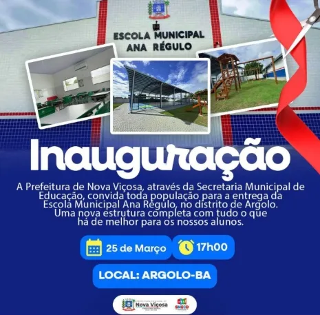 Prefeitura de Nova Viçosa convida comunidade para a entrega da nova escola municipal em Argolo Prefeitura de Nova Viçosa convida comunidade para a entrega da nova escola municipal em Argolo