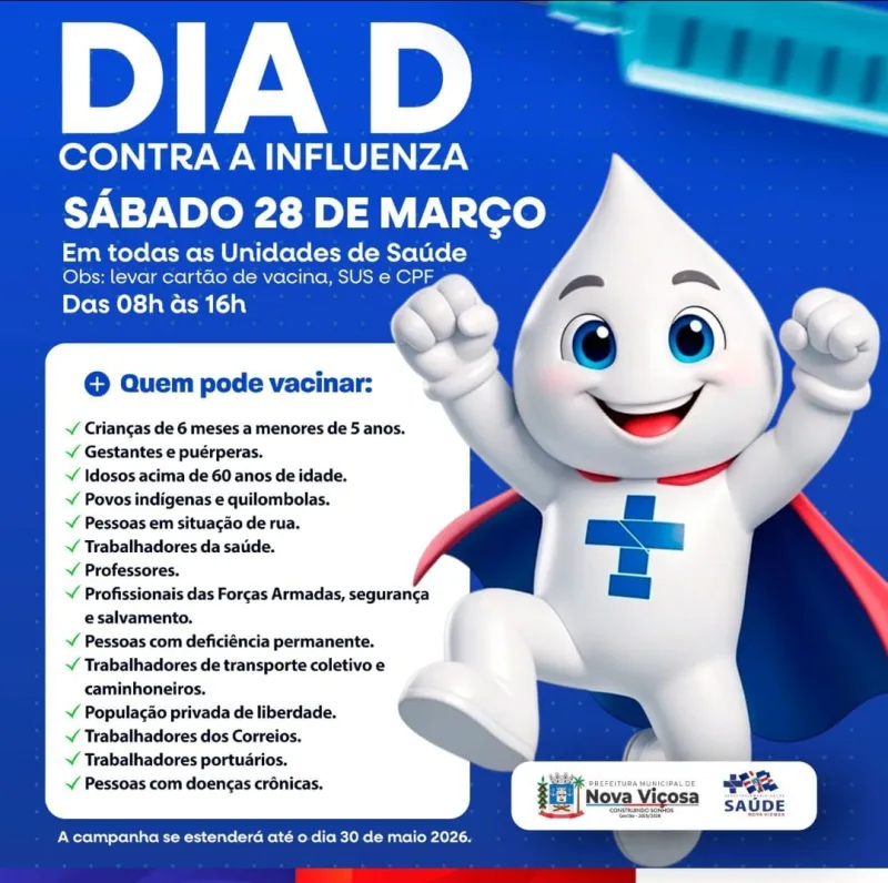 Dia D de vacinação contra a influenza acontece neste sábado em todas as Unidades de Saúde Nova Viçosa Dia D de vacinação contra a influenza acontece neste sábado em todas as Unidades de Saúde Nova Viçosa