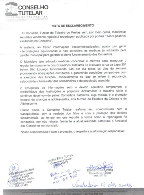 Conselho Tutelar emite Nota de Esclarecimento sobre a realidade funcional e estrutural das Unidades em Teixeira de Freitas Conselho Tutelar emite Nota de Esclarecimento sobre a realidade funcional e estrutural das Unidades em Teixeira de Freitas