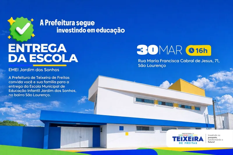 Um sonho que se realiza! Prefeitura de Teixeira de Freitas inaugura nova escola municipal de educação infantil Um sonho que se realiza! Prefeitura de Teixeira de Freitas inaugura nova escola municipal de educação infantil