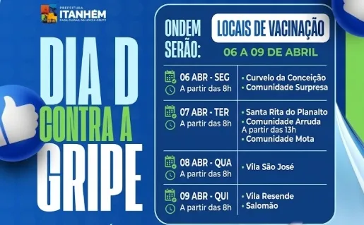 Itanhém promove “Dia D contra a Gripe” com vacinação itinerante em comunidades rurais e distritos