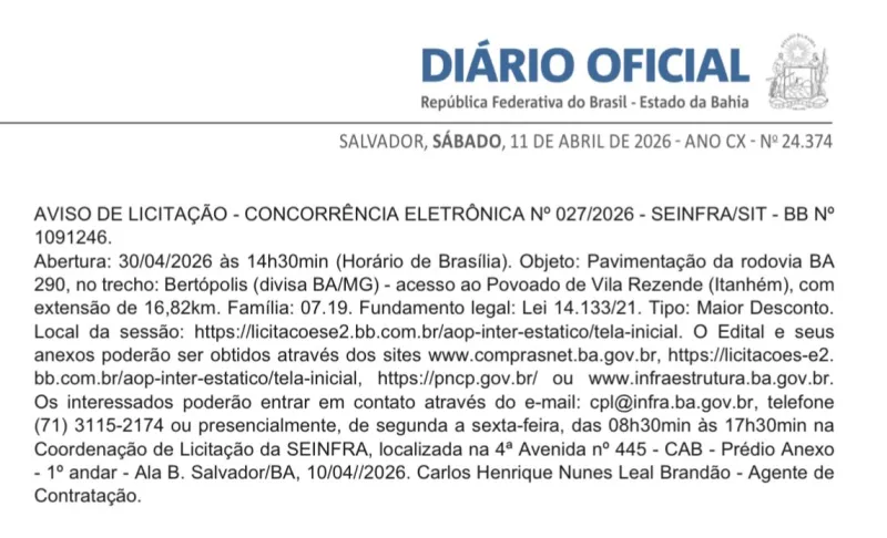 Edital para asfaltamento da BA-290 é lançado e anima moradores de Itanhém