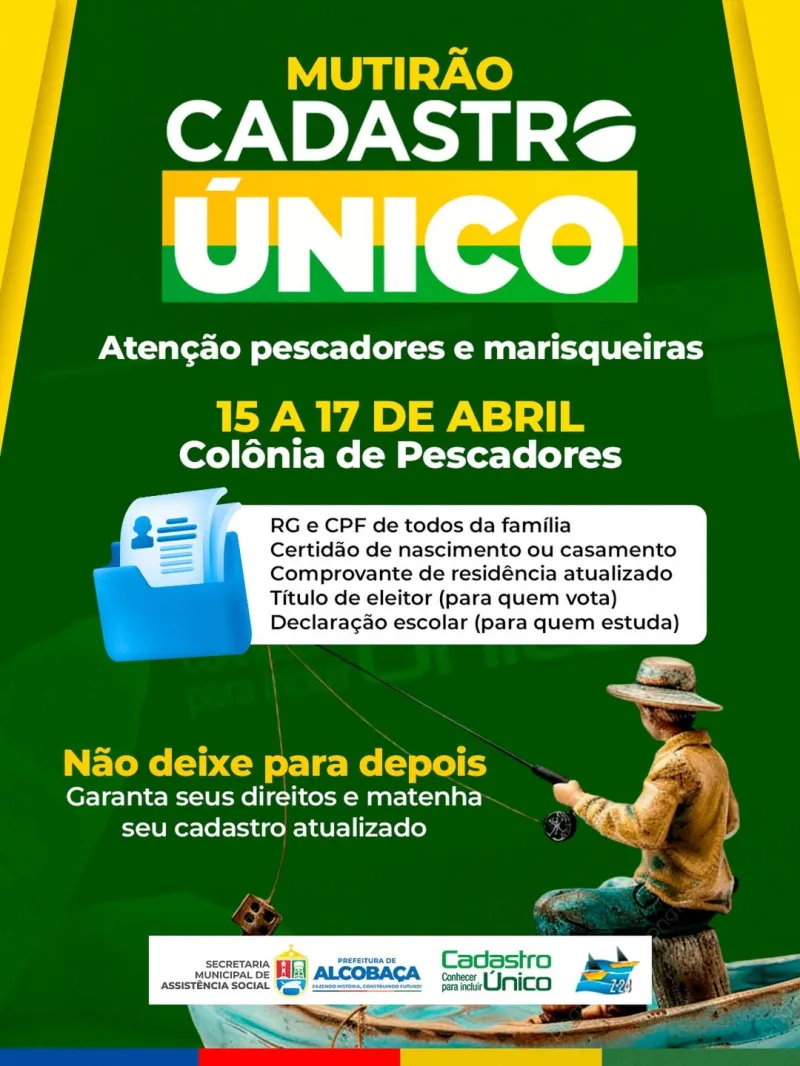 Prefeitura de Alcobaça promove mutirão do Cadastro Único para pescadores e marisqueiras Prefeitura de Alcobaça promove mutirão do Cadastro Único para pescadores e marisqueiras