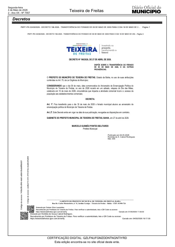 Prefeitura de Teixeira de Freitas transfere feriado de 9 de maio para o dia 18